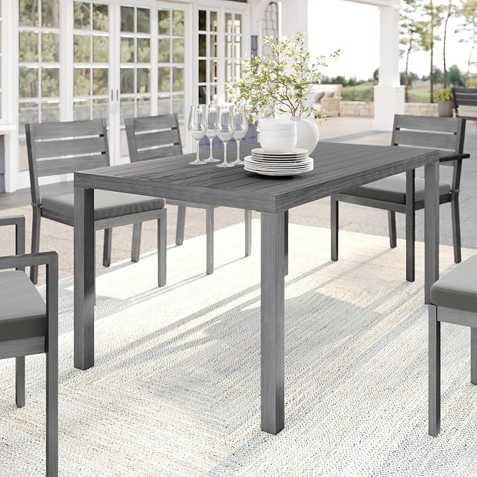 Martha Stewart Bedford 62" Indoor-Outdoor Aluminum Patio Table with Umbrella Hole and Brushed Woodgrain Finish in Gray
