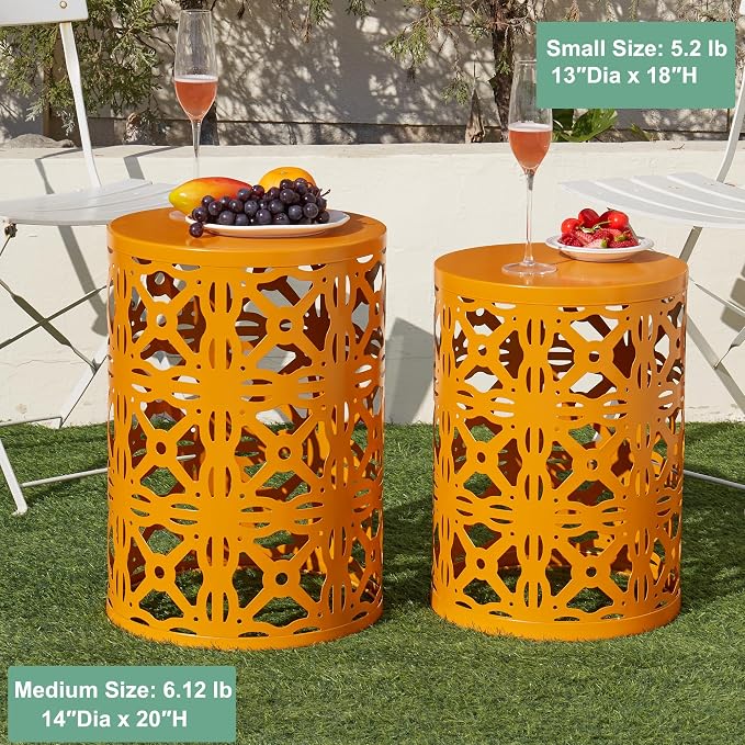 Y&M Outdoor Side Tables Set of 3, Metal Stacking Patio Side Tables for Outside, Round Indoor End Tables, Decorative Garden Stool Plant Stand for Patio Garden Balcony Porch, Orange