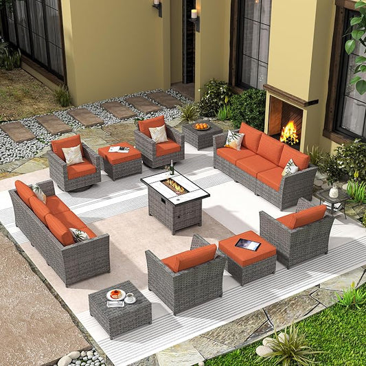 CAODOC 16 Pieces Patio Furniture Conversation Set with 42" Fire Pit Table Rocking Chair Outdoor Sectional Gray Wicker Sofa Set