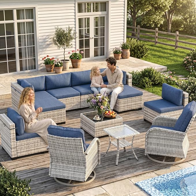 12-Piece Patio Furniture Set, Outdoor Patio Furniture with Swivel Chairs Set, Ottomans, Modular Patio Sofa, Dual-Strand Wicker Rattan, Rust-Resistant Frame, Navy Blue