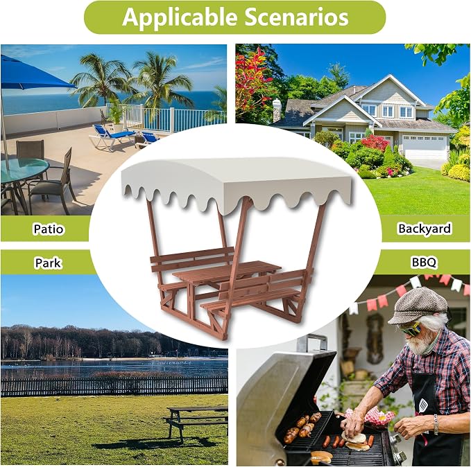 Hohuqeri Wood Outdoor Picnic Table Set, Wooden Outside Dining Table Set with Built-in Benches for 4-6 People, Patio Table and Bench Set with Detachable Sunshade Canopy for Backyard Garden Porch Deck