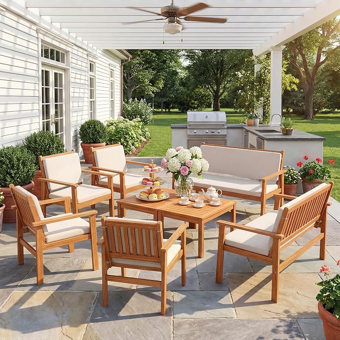 Devoko Patio Furniture Set 8 Pieces Acacia Wood Outdoor Furniture, Patio Set with Table & Cushions for Garden, Deck, Backyard, Natural