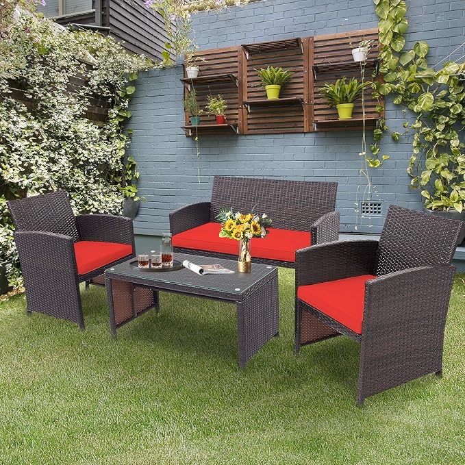 HAPPYGRILL Set of 4 Rattan Conversation Set Outdoor Wicker Furniture Set with Tempered Glass Coffee Table, Soft Cushions, Weather-Resistant Rattan Chair Set for Garden Backyard Poolside