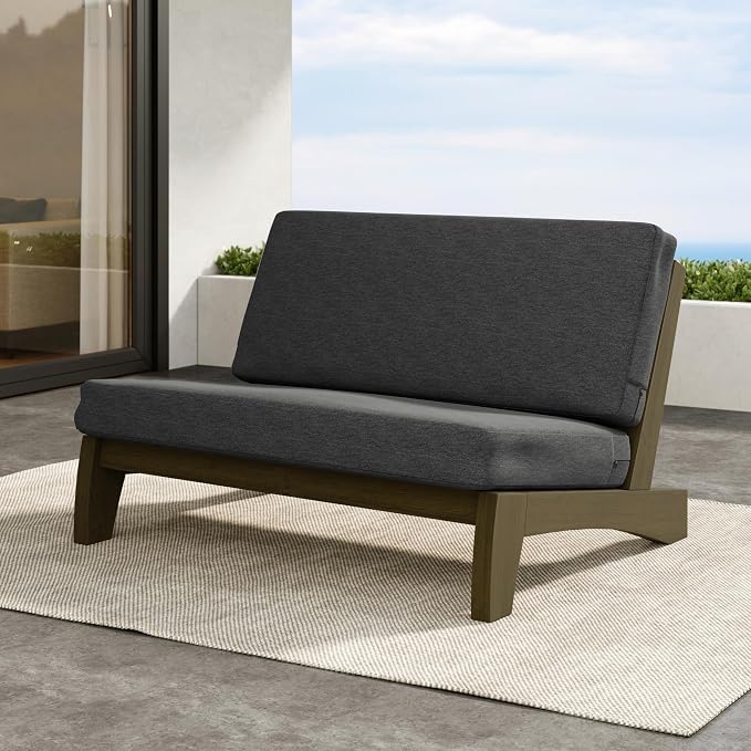 Outdoor Furniture Patio Couch, Weather Resistant Patio Loveseat Sofa Couch with Removable Cushion, Teak Wood Frame for Porch & Backyard Seating - Dark Gray