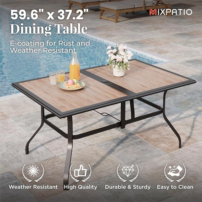 MIXPATIO 7 Pieces Patio Table and Chairs Set, Outdoor Dining Furniture Set for 6, 6 Blue Textilene Chairs and 61" Wood-Like Table Top with Umbrella Hole, for Deck Backyard Lawn