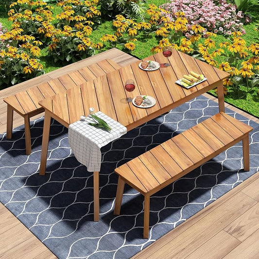 3 Pieces Acacia Wood Table Bench Dining Set for Outdoor & Indoor Furniture with 2 Benches, Picnic Beer Table for Patio, Porch, Garden, Poolside (Acacia Wood@231)