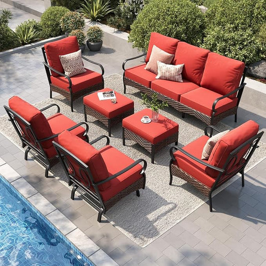 PHI VILLA Patio Furniture Set, Extra Large Wicker & Metal Outdoor Conversation Set Patio Sectional Sofa Set with Waterproof Thick Cushions for Porch, Poolside, Deck(7 Pieces, Red)