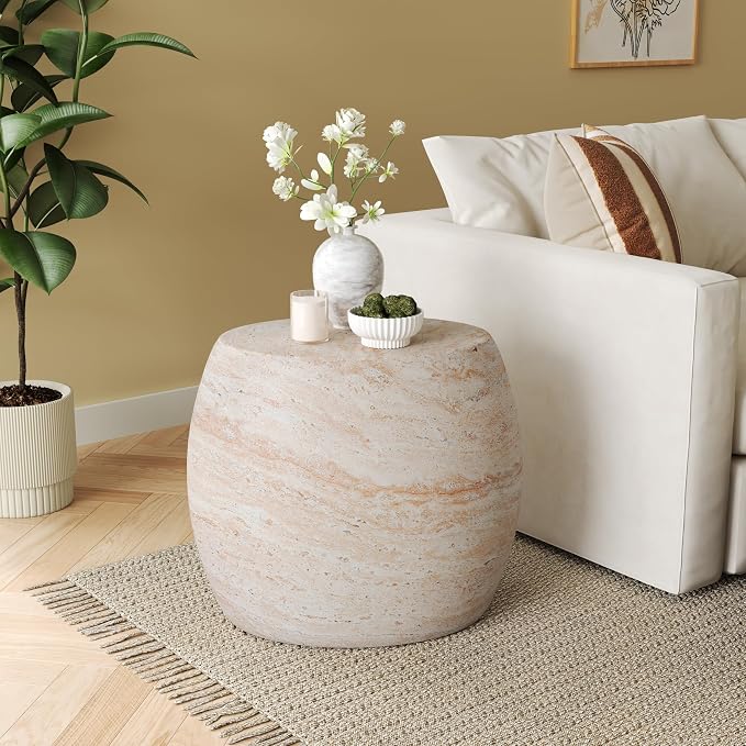 Christopher Knight Home Jayme 20.25" Indoor Outdoor Oval Accent Side Table, Patio Decorative End Table, Lightweight Concrete Garden Stool for Patio Living Room Balcony & Garden Decor, Travertine