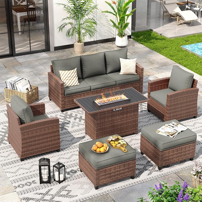 6 Pcs Patio Furniture Set with 44" Propane Gas Fire Pit Table, Rattan Outdoor Couch with Ottomans, 4" Thick Cushions for Backyard Garden Deck,Dark Grey