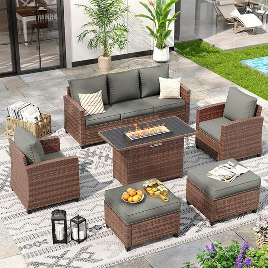 6 Pcs Patio Furniture Set with 44" Propane Gas Fire Pit Table, Rattan Outdoor Couch with Ottomans, 4" Thick Cushions for Backyard Garden Deck,Dark Grey