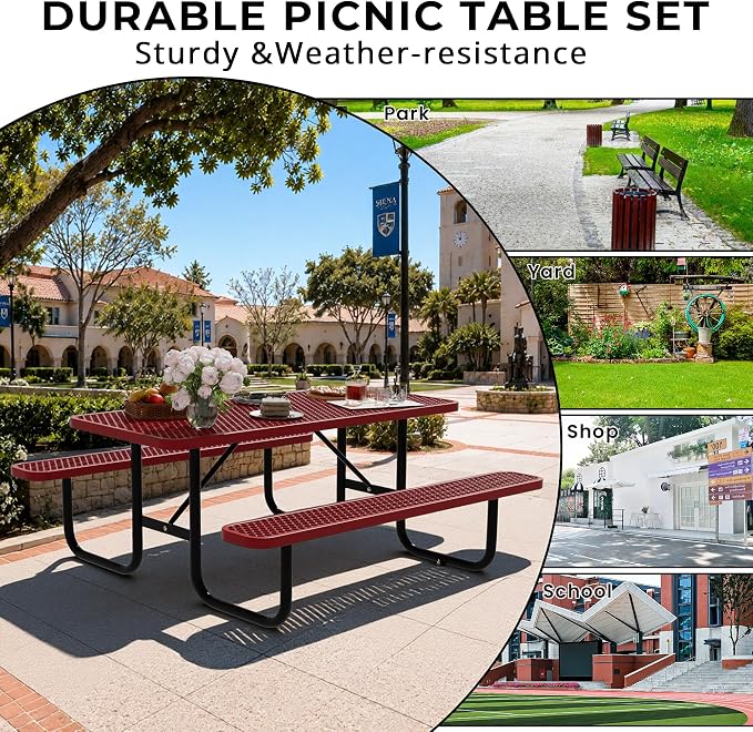 6FT Rectangular Steel Outdoor Picnic Table, Commercial Picnic Table Bench Set with Umbrella Hole, Weather-Resistant Heavy Duty School Dining Table for Stores, Park, Patio, Garden, Backyard, Red