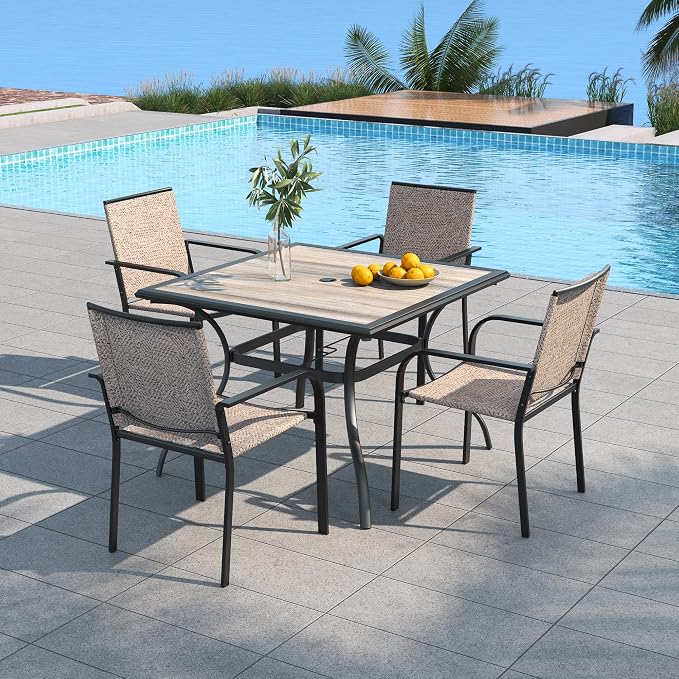 Outdoor Patio 37" PVC Square Table and BeigeGrey Stackable Chairs Set of 5 | Stackable Chairs, Square Table, Table and Chair with Metal Frame, Pvc Table Top, All Weather, Textilene fabric Seat and Back