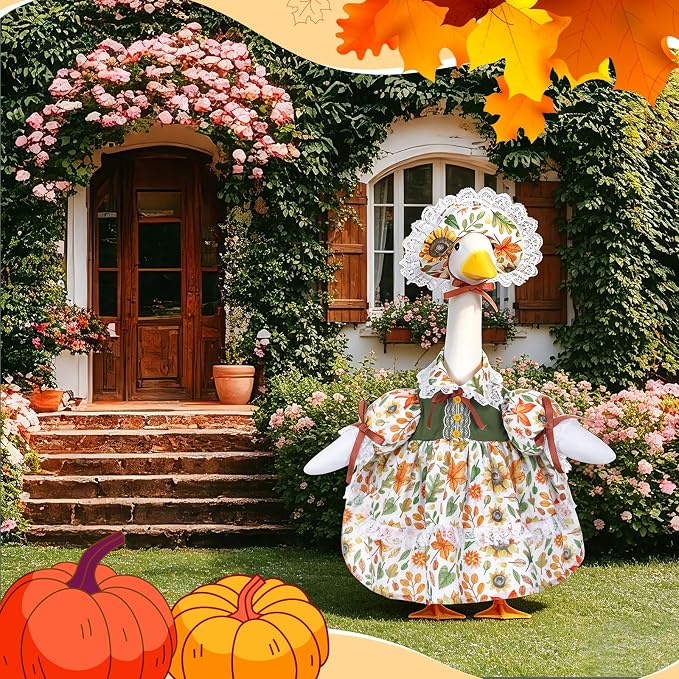 FuWeave Fall Porch Goose Outfit Maple Goose Costume Fancy Porch Geese Clothes with Wide Hat for 23" 17" Outdoor Patio
