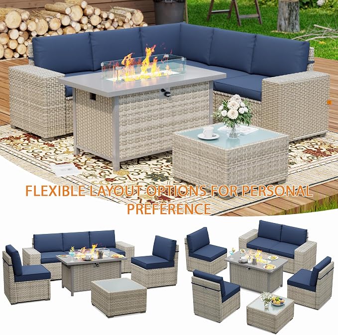 7 Piece Patio Furniture Set, 8" Wide Arm Sectional Sofa Set with 50000 BTU Propane Fire Pit Table & Coffee Table, Rattan Outdoor Conversation Set for Garden, Porch, Lawn, Blue