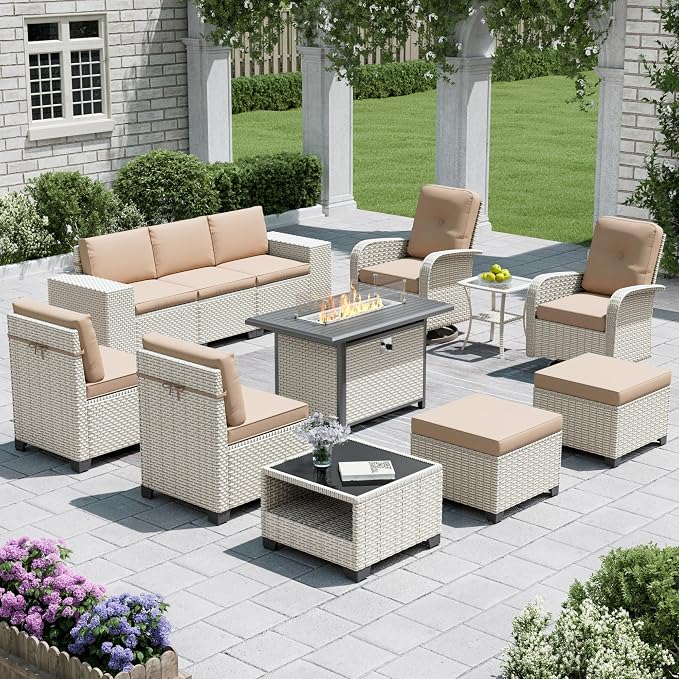 12-Piece Outdoor Patio Furniture Set with Fire Pit, Modular Sectional Sofa Set with Swivel Rocker Chairs & Ottomans, Wicker Outdoor Couch Conversation Sets w/Coffee Table and Cushions, Khaki