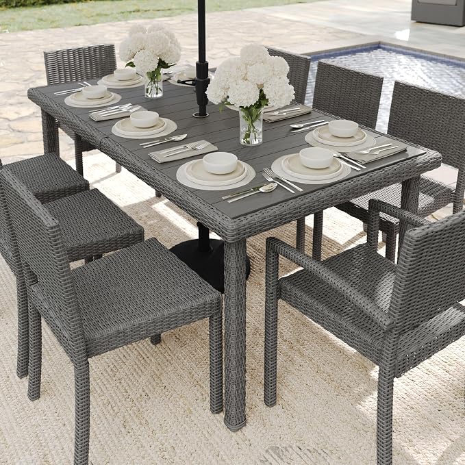 Martha Stewart Bedford 71" Indoor-Outdoor Patio Table with Faux Wood Top and Rattan Wicker Finish in Gray