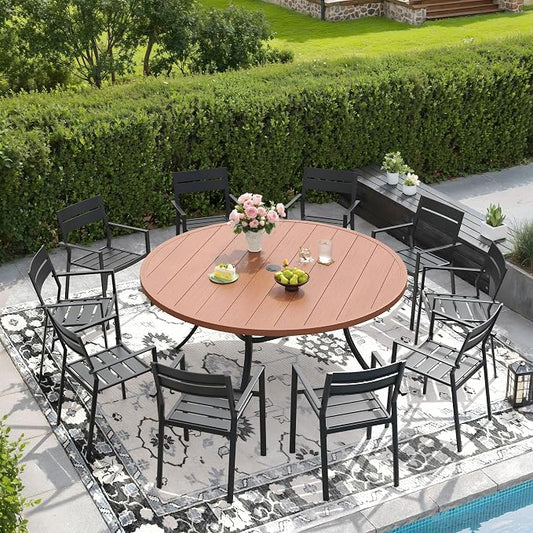DIFY 11 Piece Outdoor Patio Dining Set for 10, Patio Table and Chairs Set with Umbrella Hole, 60" Round Dining Table and Stackable Metal Chairs for Backyard Garden Poolside, Walnut & Black
