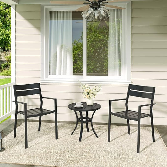 VICLLAX Patio 3 Pieces Outdoor Bistro Side Table Dining Set, Small Patio End Table Round Coffee Table and 2 Stackable Metal Chairs for Lawn,Garden,Porch,Black/Brown
