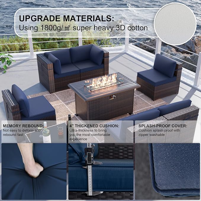 Kullavik 8 Pieces Outdoor Patio Furniture Set with 43" 55000BTU Gas Propane Fire Pit Table PE Wicker Rattan Sectional Sofa Patio Conversation Sets,Navy Blue