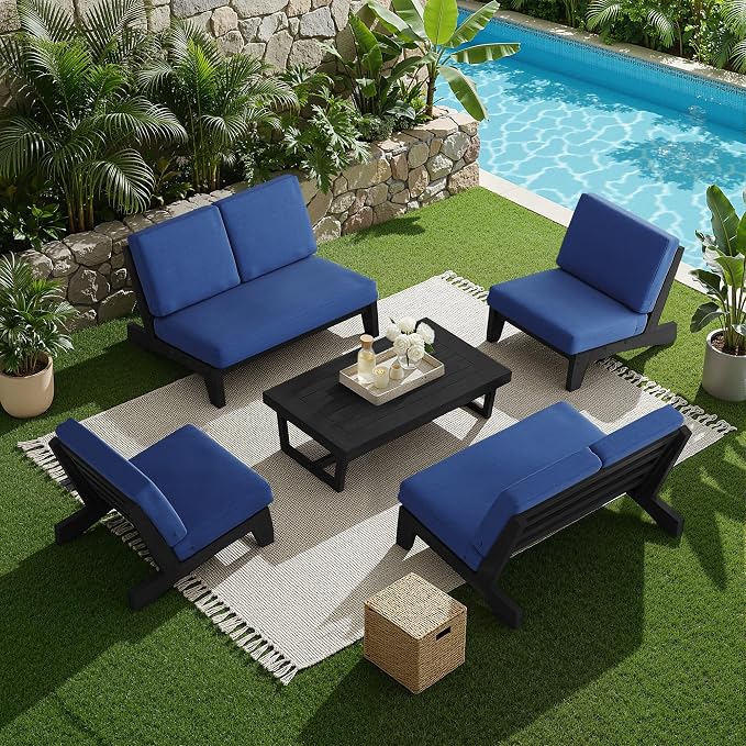 5 Pieces All Weather Black Wood Patio Furniture Sets, 2 Patio Loveseat, 2 Patio Bistro Chair, Outdoor Sectional Sofa Furniture Backyard Conversation Set with Coffee Table - Navy