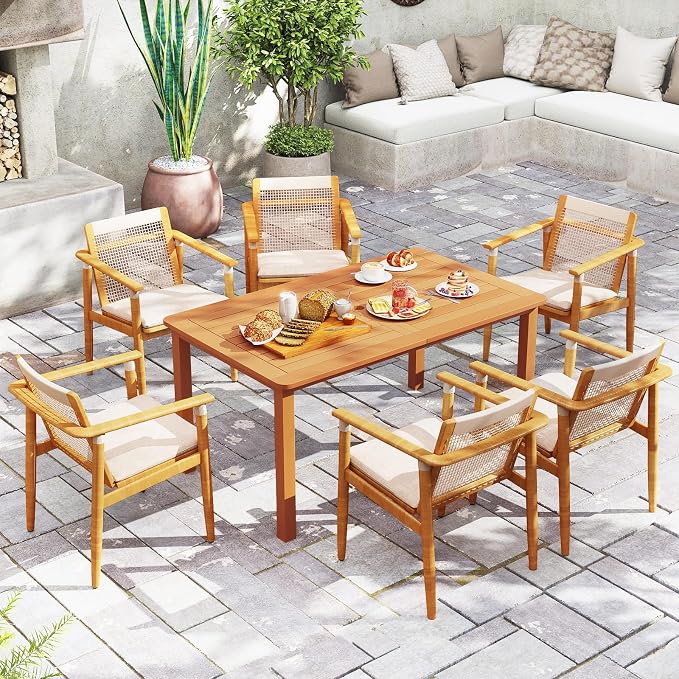 Tangkula 59 Inches Hardwood Patio Dining Table for 6, Outdoor Solid Wood Dining Table with Umbrella Hole & Teak Oil Finish, Rectangular Outside Dining Table for Backyard, Porch, Deck, Garden