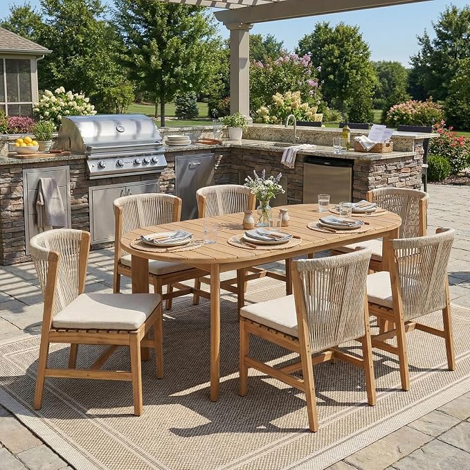 Christopher Knight Home Lisa 7 Piece Dining Table Set For 6, Outdoor Dining Set With Oval Patio Table And Armless Chairs, Acacia Wood Dining Chairs Set With Rope-Woven Backrests, Light Teak+Teak+Beige