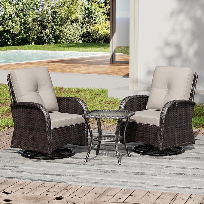 Joyside Outdoor Swivel Rocker Chairs, 3 Piece Wicker Patio Set with Thickened Cushions, High Back, Deep Seating, Wide Armrest, Outdoor Swivel Chairs for Porch, Deck