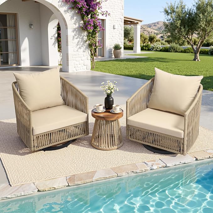Outdoor Patio Furniture Set, 3 Pieces Outdoor Swivel Chairs with Coffee Table and Thick Cushion, Pe Wicker Rope Furniture Set for Entertaining, Balcony, Garden, Poolside, Khaki
