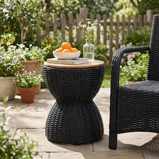 Christopher Knight Home Denhill 15.25" Outdoor Side Table, Round Patio End Table with Wood Top and Wicker Base, Small Outdoor Coffee Table for Balcony Garden, Accent Garden Stool, Black+Natural
