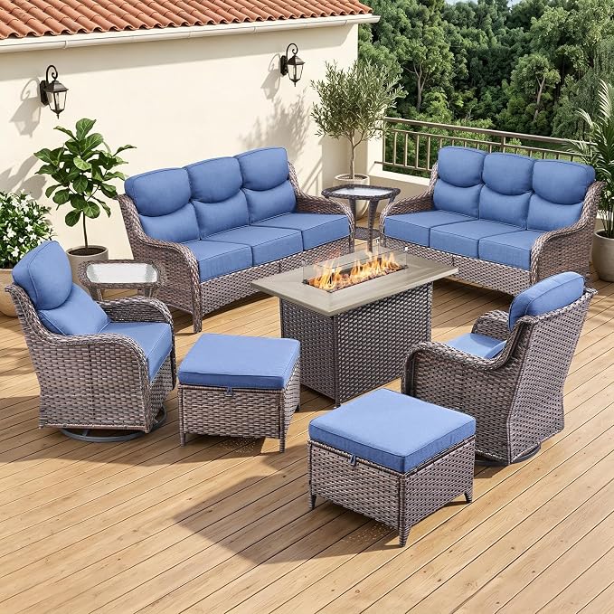 Luxury 6" Thick Cushion 9 Pieces Wicker Patio Furniture Set with 41”Fire Table, Outdoor Conversation Set with Patio Couch and Swivel Rocker Chairs for Deck Porch Yard and Poolside