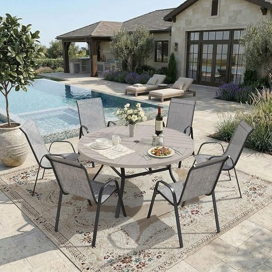 DIFY 7 Piece Outdoor Dining Set, 50" Grey Wood-Like Round Metal Dining Table and Grey Textilene Stackable Patio Chairs, Patio Table and Chairs Set for 6 with Umbrella Hole for Backyard Garden Deck