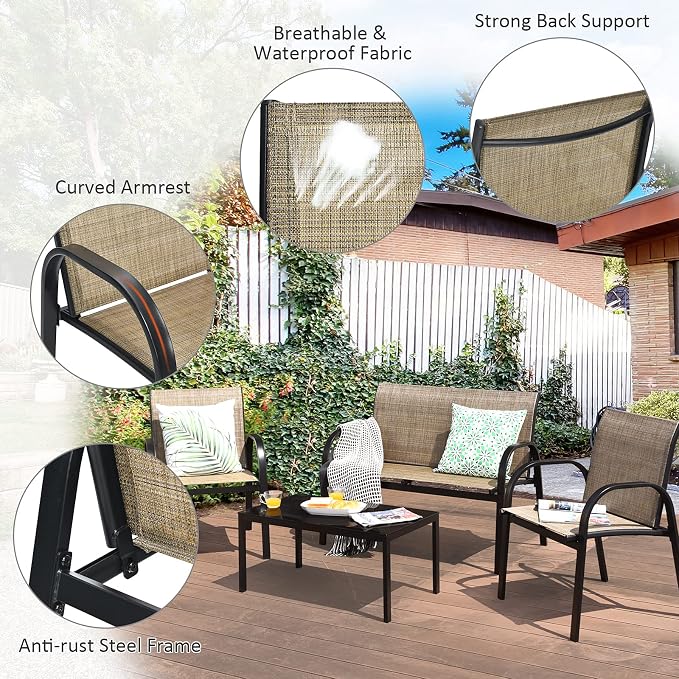 DORTALA 4 Piece Outdoor Furniture Set, Patio Conversation Set with Loveseat, 2 Single Chairs, Patio Sofa Garden Sofa Set with Steel Frame, Ideal for Balcony,Poolside, Brown