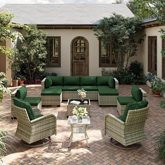 12-Piece Patio Furniture Set, Outdoor Patio Furniture with Swivel Chairs Set, Ottomans, Modular Patio Sofa, Dual-Strand Wicker Rattan, Rust-Resistant Frame, Dark Green