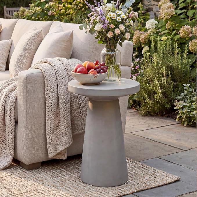 HOMPUS Outdoor Side Table Large, Concrete Side Table Faux Stone Cone Shaped, Patio Round Accent Table, Lightweight MgO Tall Coffee Table Garden Tool for Home Decor, Porch and Deck, Grey