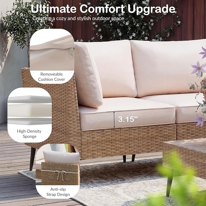 Outdoor Patio Furniture Set, 7 Piece Outdoor Sectional Sofa Wicker Patio Conversation Couch Set, All Weather PE Rattan Sofa with Table and Cushions for Garden, Poolside, Backyard (Beige)
