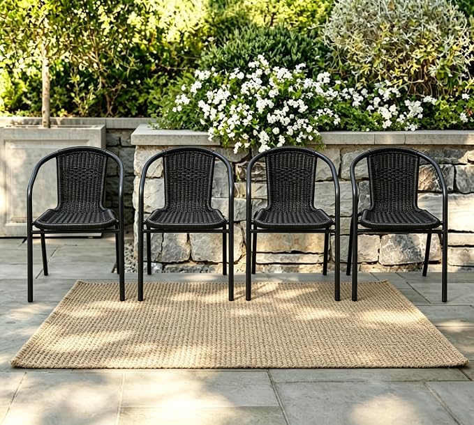 5 Piece Patio Dining Set, Stackable Black Outdoor Rattan Chairs with Metal Table, All-Weather Black & Brown Wicker Patio Furniture Set for Backyard, Poolside, Garden, Bistro