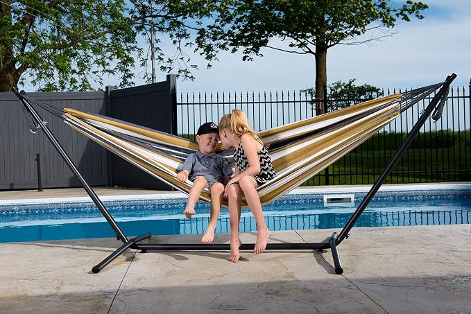 Vivere Double Cotton Hammock with Space Saving Steel Stand, Upgraded Polyester End Strings 450 lb Capacity - Premium Carry Bag Included (Desert Moon)
