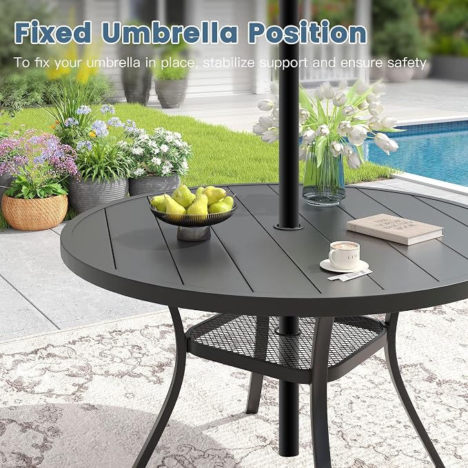 DIFY 5 Pieces Outdoor Dining Set for 4, 40.6" Round Dining Table with Umbrella Hole and Textilene Stackable Patio Chairs, Metal Patio Table and Chairs Set for Garden Backyard Poolside, Black
