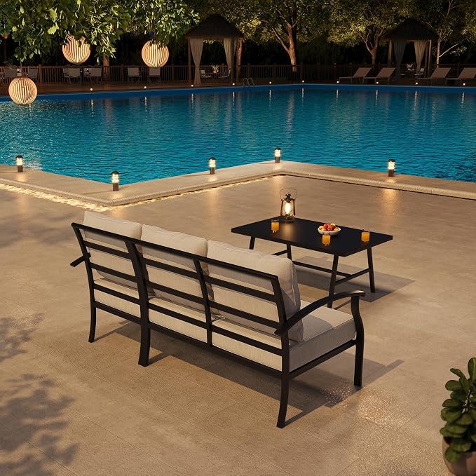 Metal Patio Furniture Set,2 Pieces 3 Seats Patio Sectional Outdoor Furniture Set with Rectangular Coffee Table,Patio Conversation Sets with 5.1" Thickened Cushions,Sand