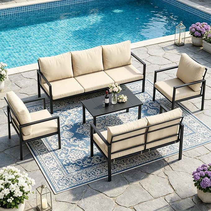 5 Pieces Metal Patio Furniture Set Deck Outdoor Furniture 7-Seat Patio Conversation Sets All-Weather Rust-Proof Sectional Sofa Set with Removable Cushion for Deck, Balcony, Yard, Poolside