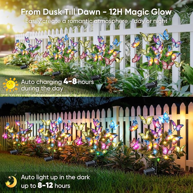 Solar Lights Outdoor Garden Decor: 2 Pack 34 Silk Butterflies with 44 Color-Changing LEDs - Auto On/Off 12H Magical Lighting IP65 Waterproof for Yard Patio Pathway - Unique Gifts for Mom Grandma