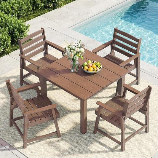 LOUNZY 5 Piece Patio Dining Set for 4, HDPE Outdoor Dining Furniture, Brown | 4 person patio set, eco-friendly HDPE, Space-saving heat resistant surface, family friendly outdoor dining solution