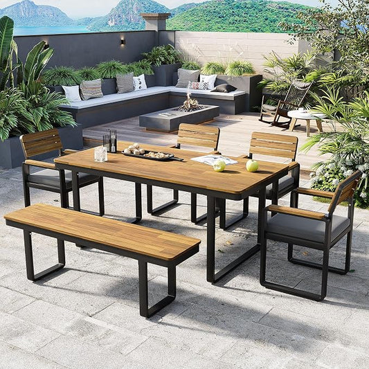 NicBex 6-Piece Patio Dining Set, Outdoor Table and Chairs for 6, Acacia Wood & Metal Frame with Umbrella Hole, Comfortable Cushions & Adjustable Feet, for Garden, Backyard, or Porch, Gray Cushions
