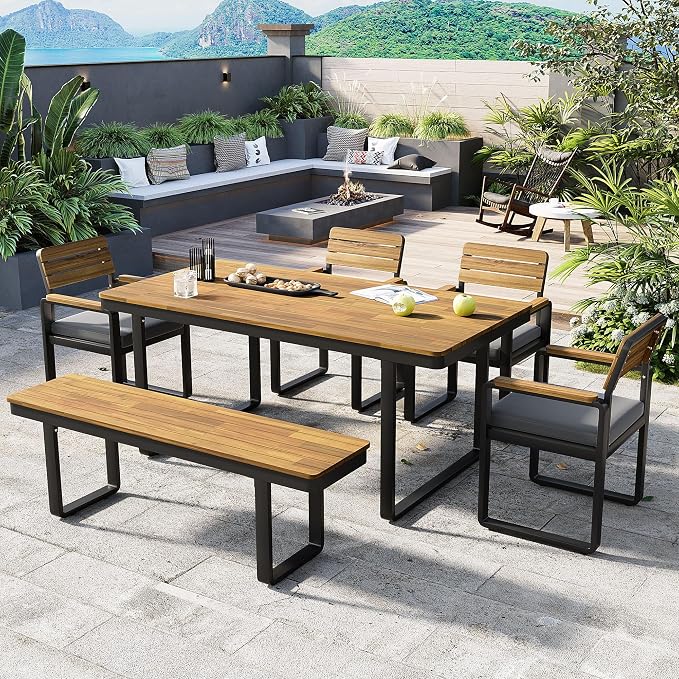 6-Piece Outdoor Acacia Wood Dining Set, 1 Table with 4 Chairs & 1 Bench, Comfortable Cushions on Chairs, Adjustable Feet, for Patio, Garden, Backyard Family Gatherings (Gray-6A)