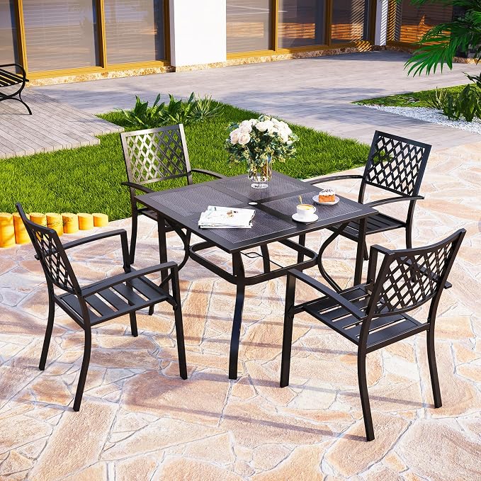 PHI VILLA Patio Table w/Umbrella Hole, Metal Table w/Mesh Top, Black | 37" wrought iron dining table for 4, weather resistant. Perfect for patio, deck, porch, backyard.