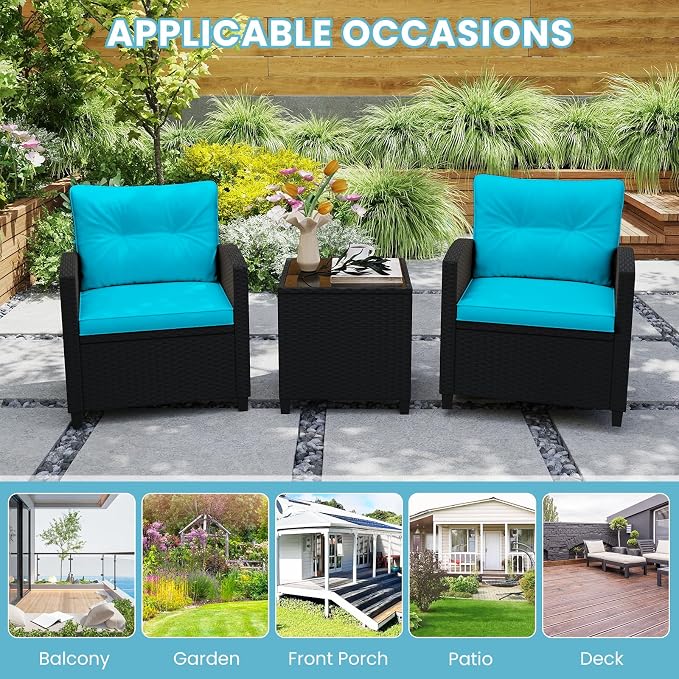 ORALNER 3 Pieces Patio Furniture Set, Wicker Conversation Set Outdoor Chairs with Cushions, Glass Coffee Table, Rattan Bistro Set for Front Porch Balcony Garden Deck Poolside (Turquoise)