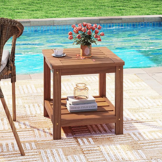 2-Tier Adirondack Side Table, Square Wood Patio End Table with Slatted Tabletop Storage Shelf, Accent Small Side Table Indoor Outdoor for Garden, Backyard, Porch & Living Room