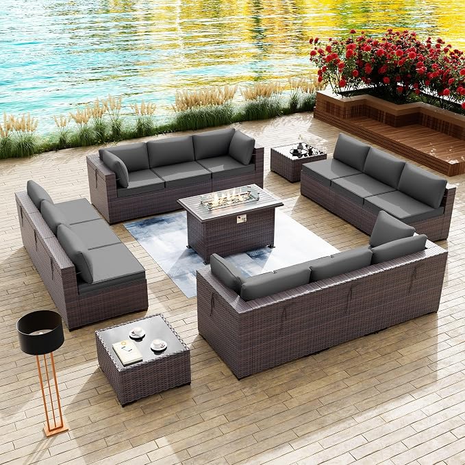 Kullavik 15 Pieces Outdoor Patio Furniture Set with 43" 55000BTU Gas Propane Fire Pit Table PE Wicker Rattan Sectional Sofa Patio Conversation Sets,Grey