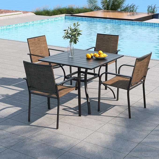 Outdoor BrownTan Stackable Chair and 35" Square Table Patio Dining Set of 5 | 4 Piece Stackable Chairs, Textilene Seat&Back, Metal Table, Slat Table Top, 4 Person Use, 1.57" Umbrella Hole, All Weather