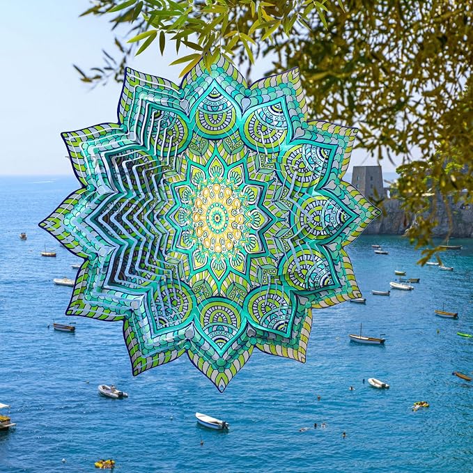 Wind Spinner Mandala Peacock Flower,12Inch Stainless Steel Wind Spinners Outdoor,Garden Decor,3D Kinetic Yard Art Decorations,Garden Gifts for Women Mother Father Men,Hanging Sculptures
